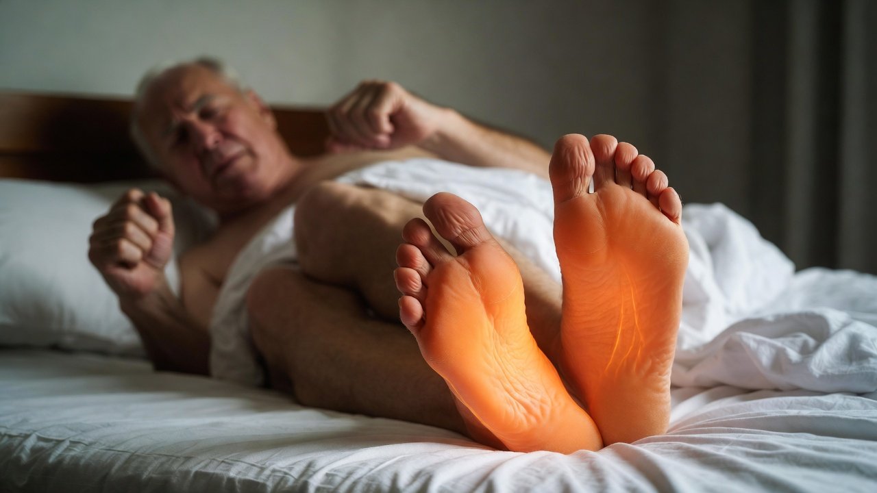 Person sitting on bed at night holding foot in pain
